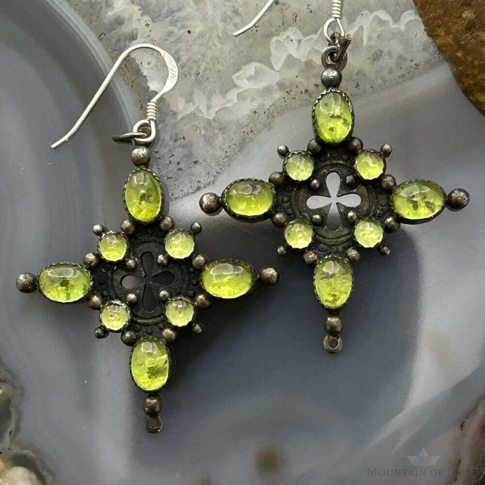 Vintage Silver Peridot Decorated Cross Dangle Earrings For Women